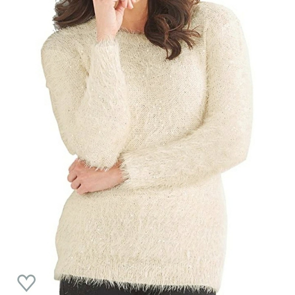 Red - Ivory Sparkle‎ Eyelash Knit Sweater Crew neck Longer Length Size Large
